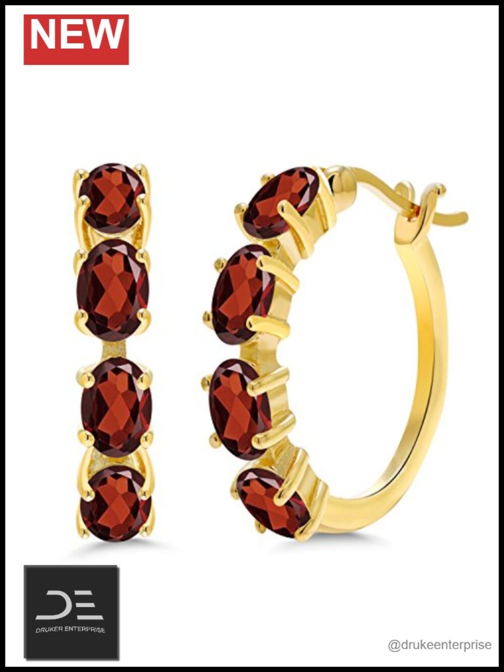 18K Yellow Gold Plated Silver Oval Gemstone Hoop Earrings 22mm Women Fine